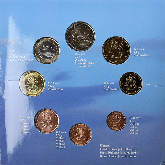 Fínsko, 
  
  Setze 1 ct. - 2 eurá, 
  
  2001