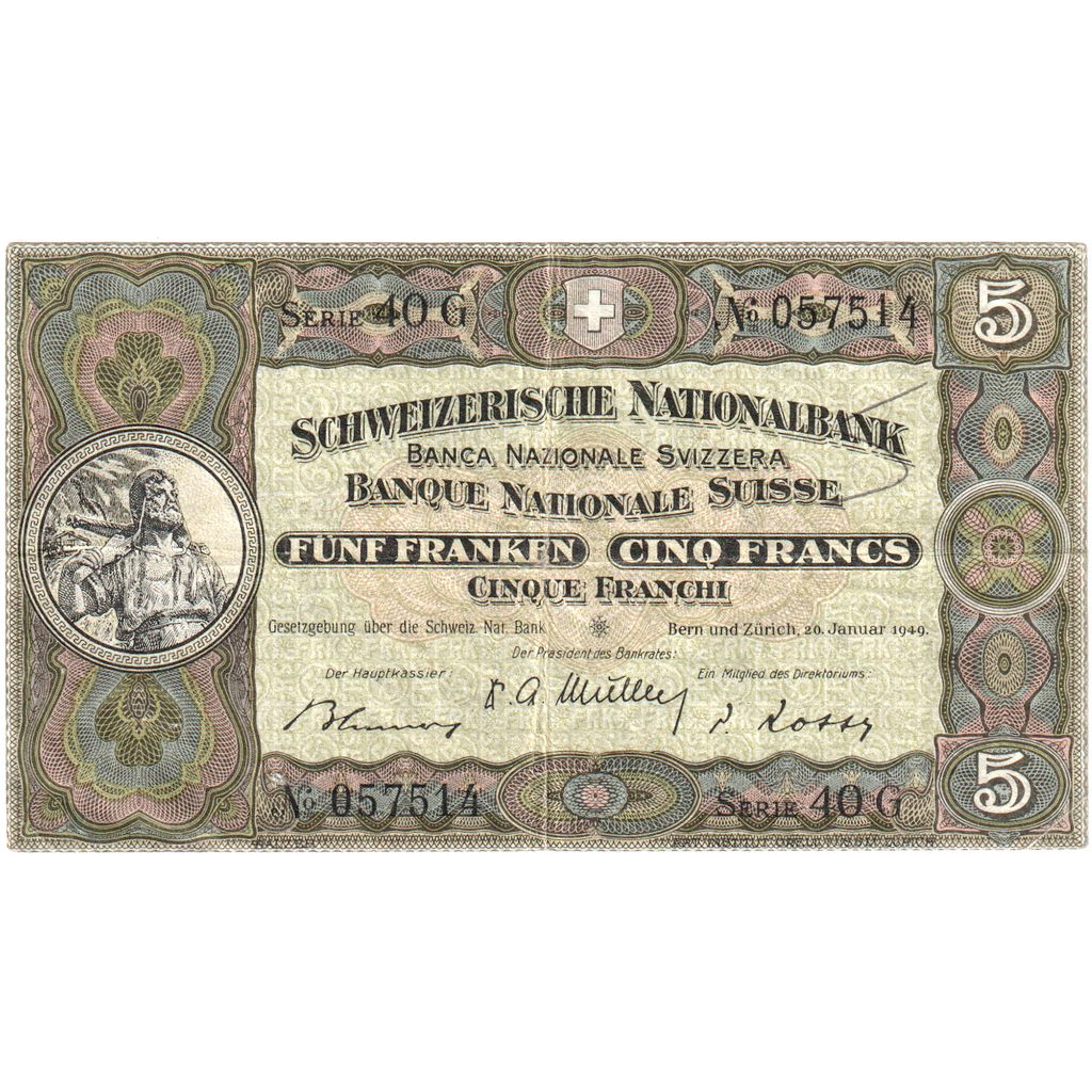 Švajčiarsko,
 
 5 Franken,
 
 20.01.1949