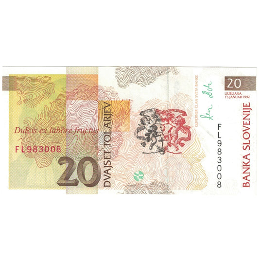bankovka,
 
 Slovinsko,
 
 20 Tolarjew